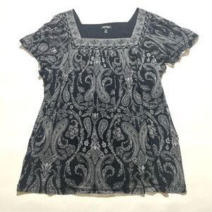 Apt 9 Blouse Top‎ Short Sleeve Women's Size 1X Black White Floral Apartment 9